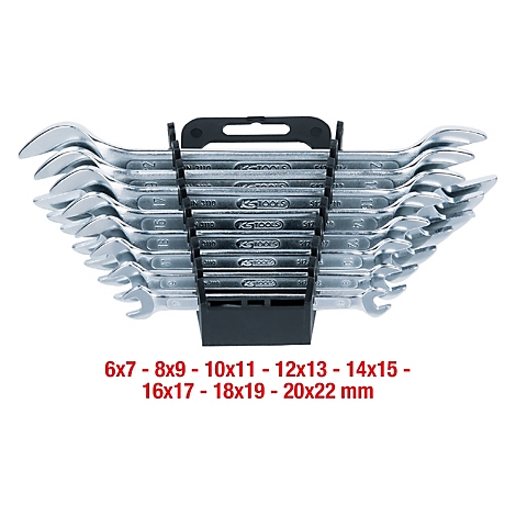 Ein Satz Schraubenschlüssel in einer schwarzen Halterung, Größenangaben unten in roter Schrift.